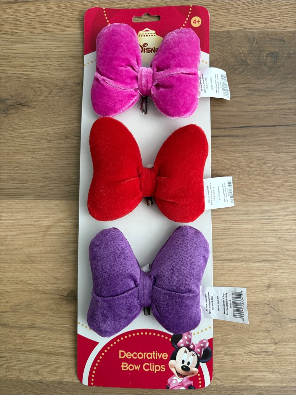 Disney Velvet Bow Clips - Hot Pink, Red, Purple Trio Decorative NWT Minnie Mouse
